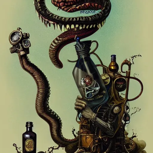 Prompt: a grinning anthropomorphic snake selling bottles of medicine, fantasy, steampunk, dave mckean, hr giger, peter mohrbacher, wayne barlowe