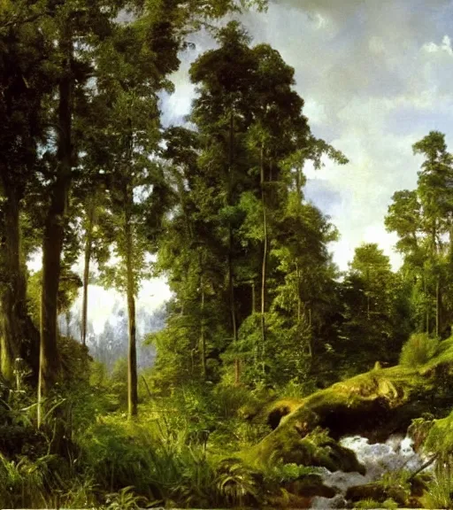 Image similar to artwork painting of a lush environment by eugene von guerard, ivan shishkin, john singer sargent