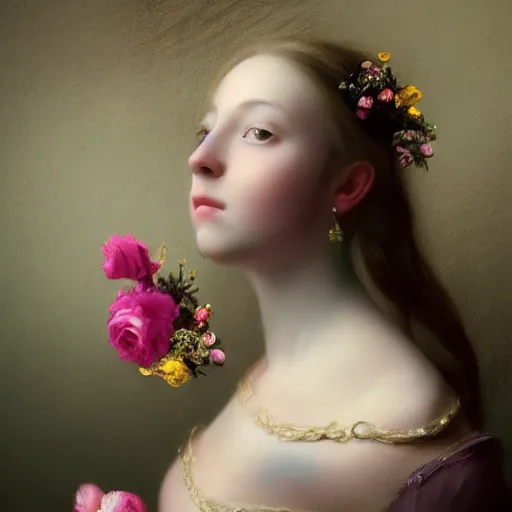 Image similar to 8k, octane render, realism, tonalism, renaissance, rococo, baroque, portrait of a young lady wearing dress with flowers and skulls, background chaotic gold leaf flowers