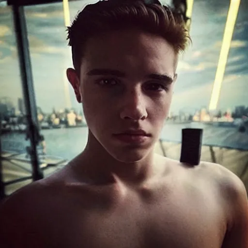 Image similar to “a realistic detailed photo of a guy who is an attractive humanoid who is half robot and half humanoid, who is a male android, Brooklyn Beckham, shiny skin, posing like a statue, blank stare”