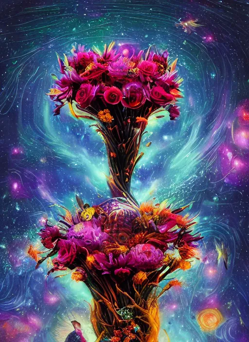 Prompt: An epic fantastic realism comic book style painting of the most beautiful spiraling flowers launched across the dark and starry night sky, nebulous bouquets, fisheye lens, unreal 5, DAZ, hyperrealistic, octane render, dynamic lighting