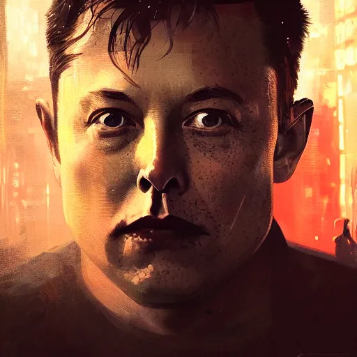 Image similar to elon musk, hyperrealistic portrait, bladerunner street, art of elysium by jeremy mann and alphonse mucha, fantasy art, photo realistic, dynamic lighting, artstation, poster, volumetric lighting, very detailed face, 4 k, award winning