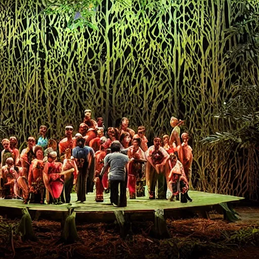 Image similar to high quality, high detail, an opera performance about deforestation in kalimantan forest, photorealistic lighting