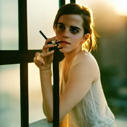 Image similar to Photograph of Emma Watson holding a cigarette by the window. Golden hour, dramatic lighting. Medium shot. CineStill