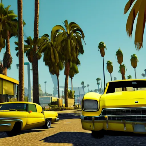 Image similar to yellow in gta v. los santos in background, palm trees in the art style of stephen bliss, 4 k