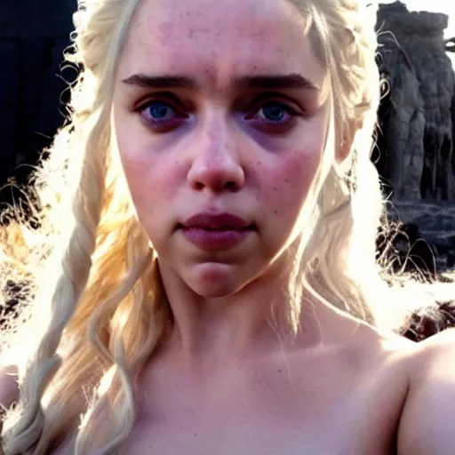 Image similar to a selfie of daenerys targaryen played by a young scarlett johansson, smooth skin, purple eye color, ethereal beauty, medium shot, detailed eyes, vivid