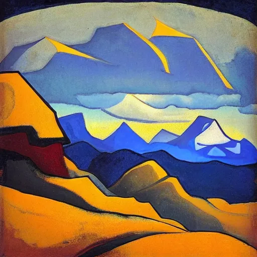 Prompt: “ picturesque landscape of mountains ’ top and deep blue sky, quaint colors, art by nicholas roerich, art nouveau, high - res, detailed, 8 k ”