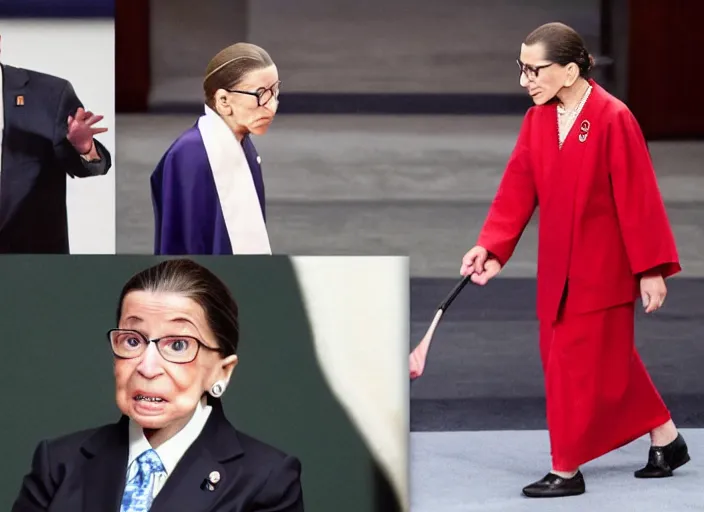 Image similar to ruth bader ginsburg fighting shinzo abe in hell