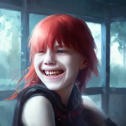 Image similar to a red haired girl with an eyepatch smiling, digital art, 8 k resolution, unreal engine, highly detailed, pretty face, very beautiful face, sharp teeth, curvy teeth, very detailed eyes, photorealistic by wlop, greg rutkowski