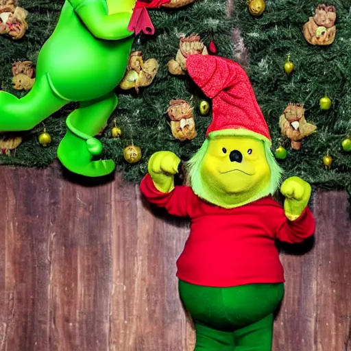 Prompt: winnie the pooh alone as the grinch, winnie the pooh cast as the grinch, full body shot