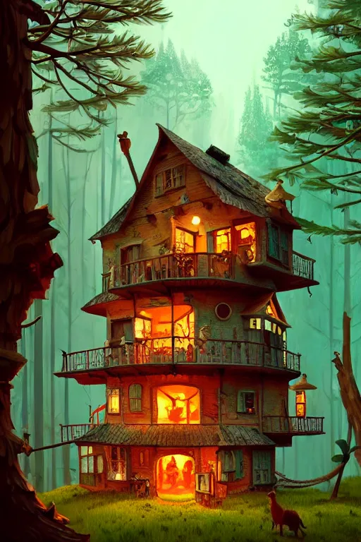 Image similar to a shot from a wes anderson movie of a storybook style ramshackle multistory fairytale hut in the forest, intricate, elegant, fantasy, highly detailed, digital painting, concept art, sharp focus, artstation