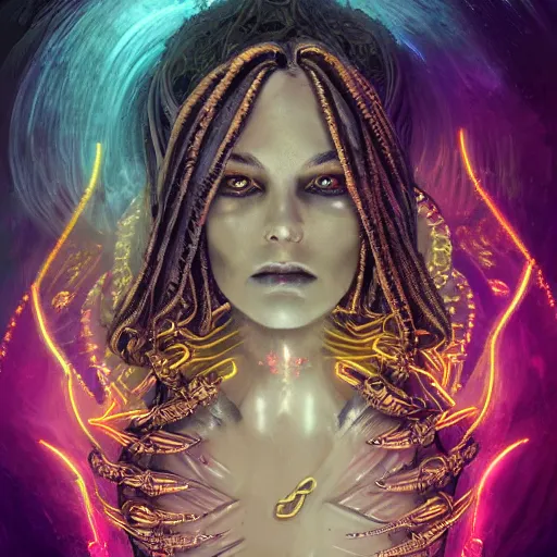 Prompt: goddess of death in a graveyard, white braids, decaying face, cyber neon lighting, retro futurism, gold intricate futuristic led lit gold jewelry, gold, digital painting, realism, extreme detail, cinematic, cool lighting, trending on artstation, by hans zatzka and jibaro