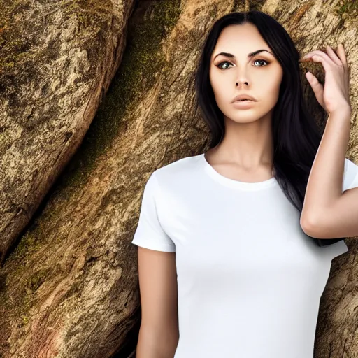 Image similar to clear photorealistic mockup product photograph of a blank black tshirt on an attractive female model in front of a nature background - h 7 0 4