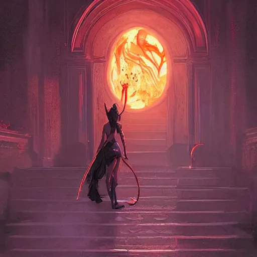 Image similar to A female tiefling, stepping through a flaming magical portal from another dimension into a palace courtyard, dramatic lighting, fantasy art by Greg Rutkowski