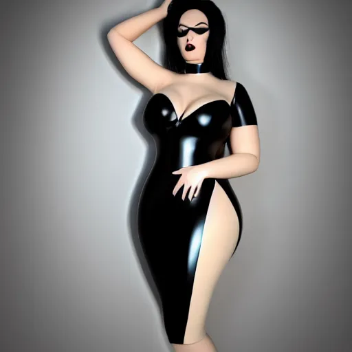 Image similar to a feminine curvy pale hot goth sweetie wearing a modest tight silver, gold, and black latex-nylon high-neck dress, dark eyeshadow, eyelashes, cgsociety, photorealistic, sublime-hyperadvanced-amorous ambience, 16k, smooth, sharp focus, trending on ArtStation, volumetric lighting, fully clothed, thin waist