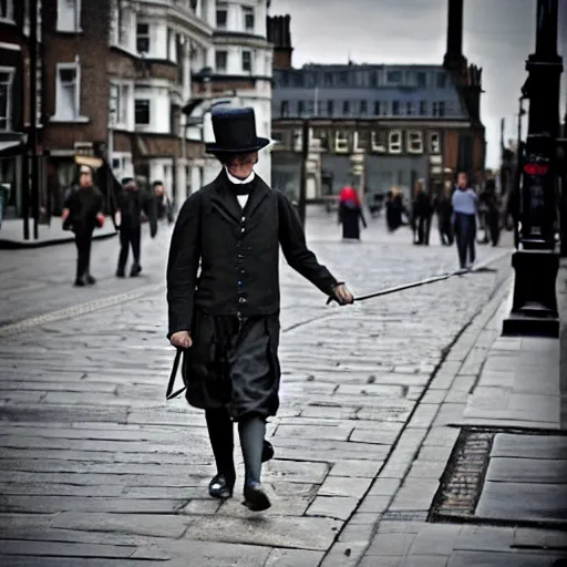 Prompt: 1850s Victorian chimney sweeper walking down the street in London, photo taken with an iPhone, HD