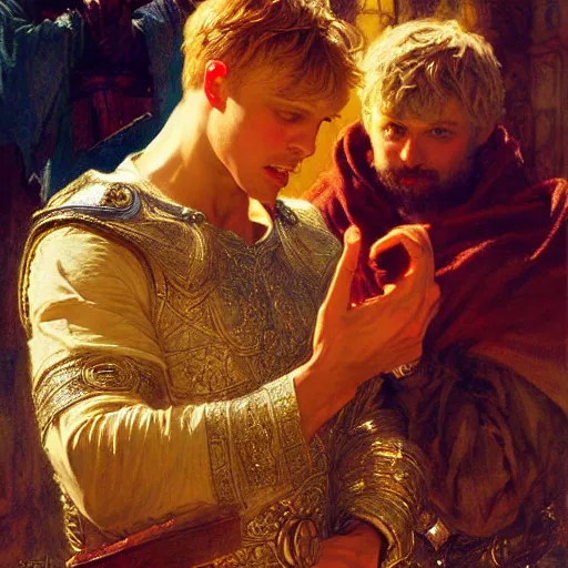 Image similar to handsome arthur pendragon in love with handsome merlin the mage. merlin is also in love with arthur. highly detailed painting by gaston bussiere, craig mullins, j. c. leyendecker