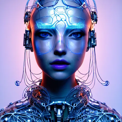 Prompt: portrait of an absurdly beautiful, graceful, sophisticated, fashionable cyberpunk mechanoid, hyperdetailed illustration by irakli nadar, matt wisniewski style, intricate linework, white porcelain skin, iridescent fractal headdress, day - glow facepaint, jellyfish ruff, unreal engine 5 highly rendered, global illumination, blue light, detailed and intricate environment