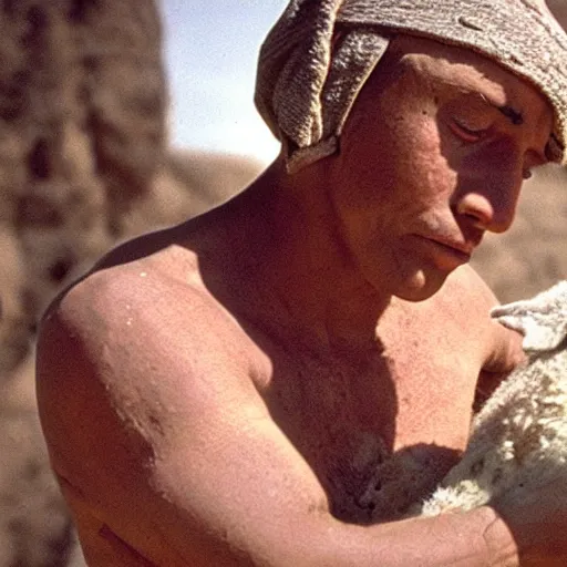 Image similar to cinematic still of man in ancient Canaanite clothing cradling a lamb, sad, anguished, somber, serious, directed by Terrence Malick