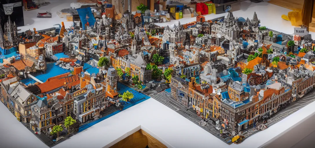 Image similar to detailed lego build of dublin city center on basement table, professional photo, professional lighting, HDR