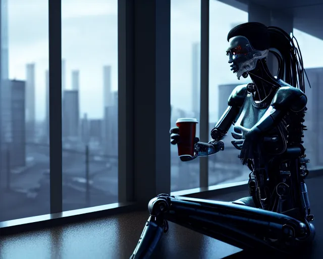 Image similar to a terminator cyborg lady with borg implants and optical fibers is drinking coffee near a window with dystopian city visible outside. very detailed 8 k. cyberpunk style. unreal engine render. global illumination. nanite. rtx. path tracing.