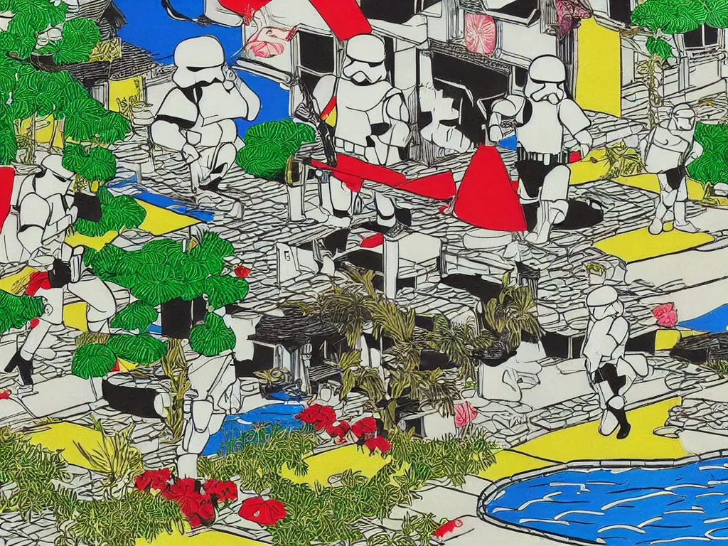 Image similar to detailed close - up image of the japanese home with a garden and a pond, 2 stormtroopers sitting around it, pop - art style, jacky tsai style, andy warhol style, roy lichtenstein style, rich palette, acrylic on canvas