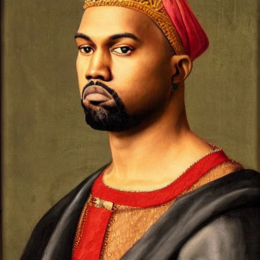 Image similar to a renaissance style portrait painting of kanye west as a king