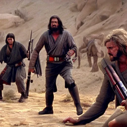 Image similar to a film still of cain ( from the bible ) in star wars 1 9 7 7, realistic, photorealistic