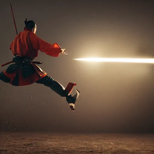 Image similar to samurai epic jump, movie shot, 35mm, feels epic, atmospheric, photo-real, 8K render, cinematic lighting