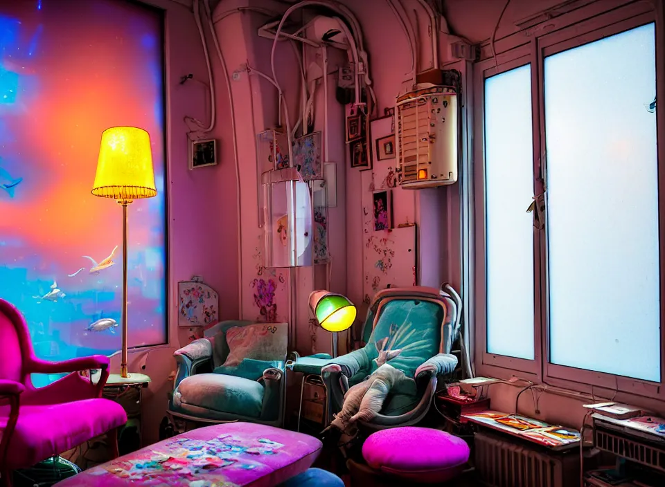 Prompt: telephoto 7 0 mm f / 2. 8 iso 2 0 0 photograph depicting the feeling of chrysalism in a cosy cluttered french sci - fi ( art nouveau ) cyberpunk apartment in a pastel dreamstate art cinema style. ( aquarium, computer screens, window ( city ), led panel, lamp ( ( ( armchair ) ) ) ), ambient light.