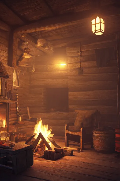 Image similar to ultra realistic old Viking communal houses interior with campfire lights and old wooden furniture, concept art, octane rendering, trend in artstation, 4k
