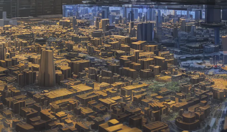 Image similar to large group people in simple warehouse, looking at hologram of futuristic downtown on a table, cinematic concept art, godrays, golden hour, natural sunlight, 4 k, clear details, tabletop model towers, center model towers, hologram center, crane shot, crane shot, crane shot, clear details, windows