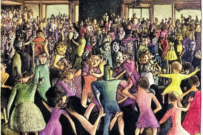 Prompt: a packed dance floor at a nightclub, illustration by maurice sendak, award winning illustration, colour