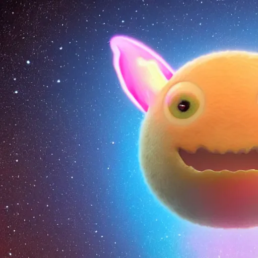 Image similar to an alien with a face that looks like a fuzzy peach the peach is fuzzy pink warm and ripe the alien has horns and a mean smile, 4k, highly detailed, high quality, amazing, high particle effects, glowing, majestic