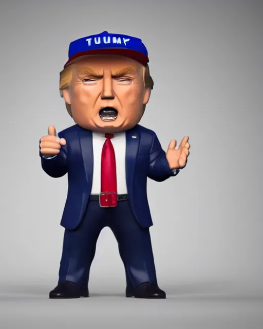 Image similar to full body 3d render of funko pop donald trump as a funko pop, studio lighting, white background, blender, trending on artstation, 8k, highly detailed