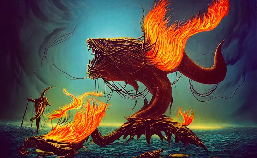 Image similar to mysterious bestiary of wild emotion monsters repressed in the deep sea of unconscious of the psyche lead by baba yaga, about to rip through and escape in a extraordinary revolution, dramatic fire glow lighting, surreal painting by ronny khalil