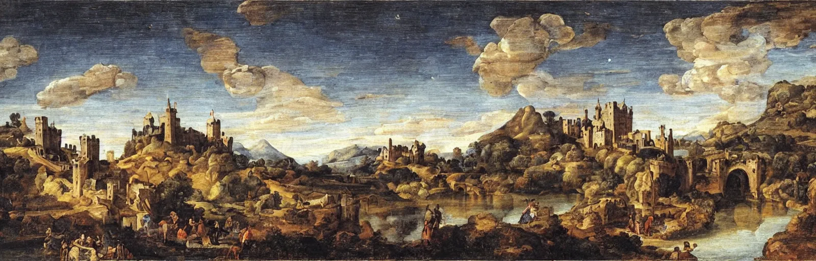 Prompt: landscape painting of multiple large interconnected castles,moat,bridge,mountains,oil canvas,night sky,by Paul Bril and Annibale Carracci,masterpiece,high quality,pretty,fantasy,impossible