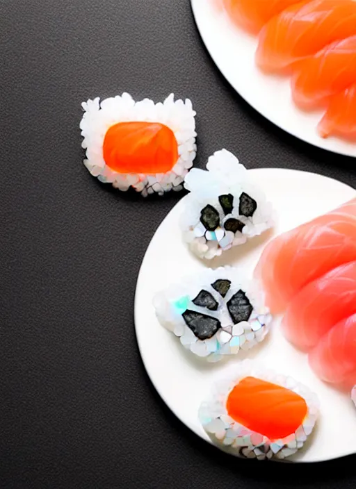 Image similar to clear photorealistic picture of simple cute cat paws made from sushi rice, sitting on sushi plates with garnish