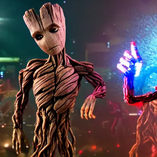 Image similar to groot and optimus prime dancing at techno party among people, wide shoot, after effect ultra realistic 3 d