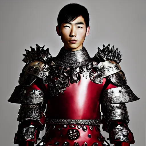 Prompt: a portrait of a beautiful young japanese male wearing an alexander mcqueen armor made of ruby , photographed by andrew thomas huang, artistic