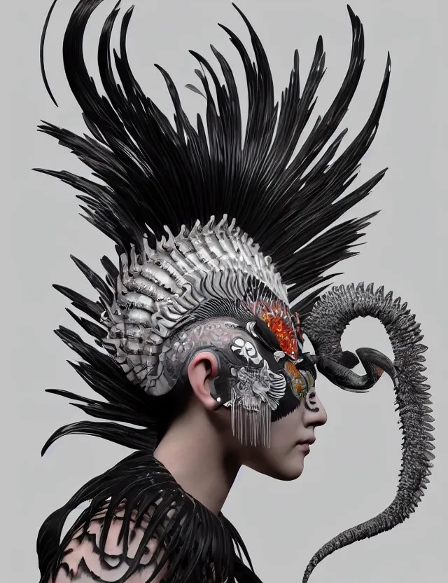 Image similar to 3 d goddess close - up profile simple portrait punk with mohawk with ram skull. beautiful intricately detailed japanese crow kitsune mask and clasical japanese kimono. betta fish, jellyfish phoenix, bio luminescent, plasma, ice, water, wind, creature, artwork by tooth wu and wlop and beeple and greg rutkowski