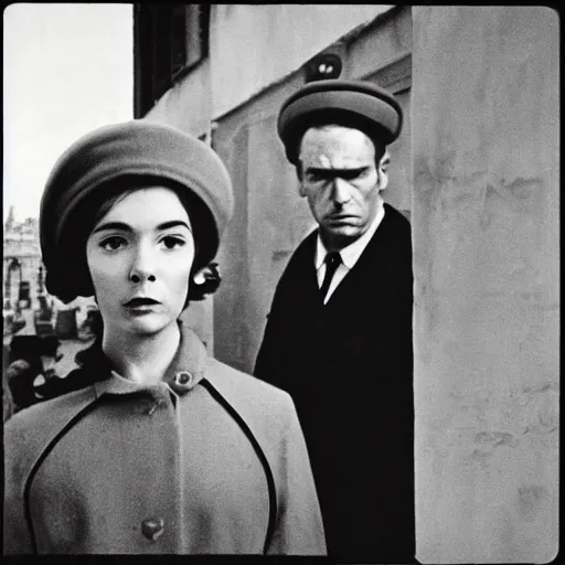 Prompt: still from a masterpiece 1 9 6 0 s french art film, very beautiful and elegant girl in beret with large eyebrows with an angry expression while talking to a man, moody lighting, viewed from afar, cinematic shot, the movie is in color, communist aesthetic