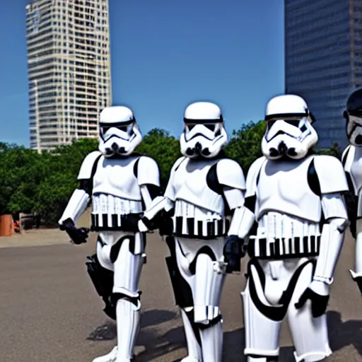 Prompt: stormtroopers in front of the austin skyline