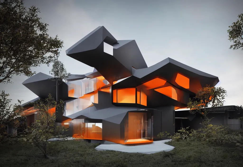 Prompt: photo of the generative design exterior of a futuristic organic japanese house, dramatic lighting, black and orange colour palette, archviz