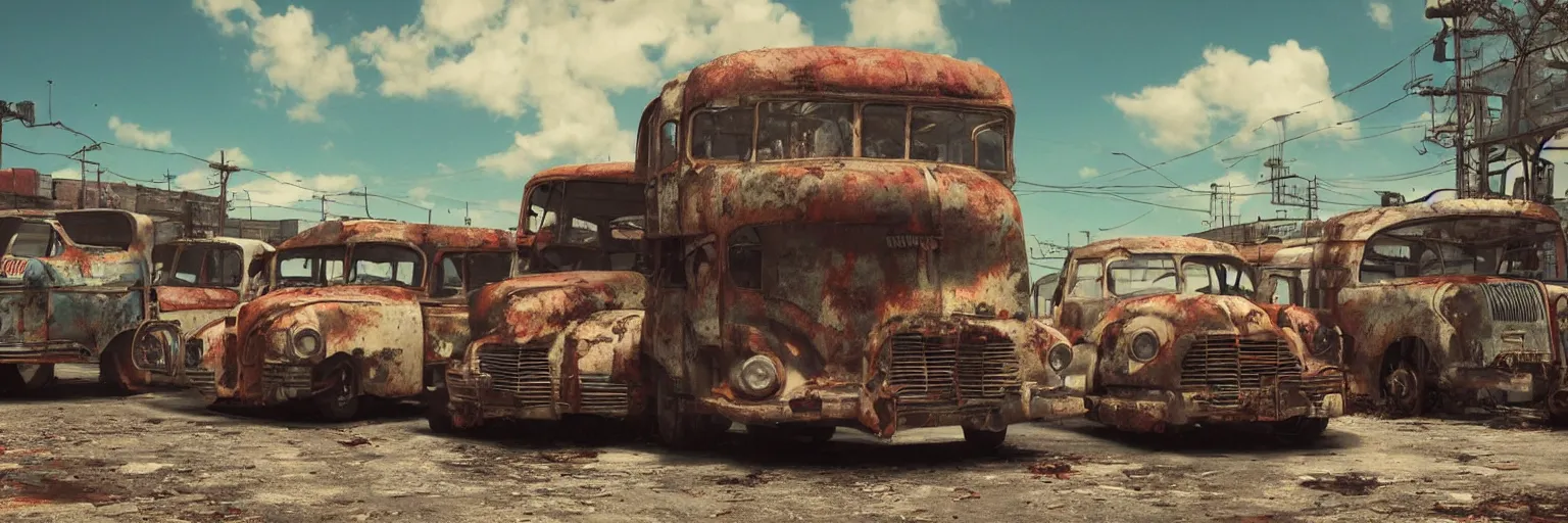 Image similar to fallout 5 : miami, outdoors ruined tropical city, rusted retro futuristic vintage styled parked vehicles like cars, buses, trucks, atmospheric lighting, painted, intricate, volumetric lighting, summer, sunny weather, few clouds, sharp focus, deep colours, ultra detailed, by leesha hannigan, ross tran, thierry doizon, kai carpenter, ignacio fernandez rios