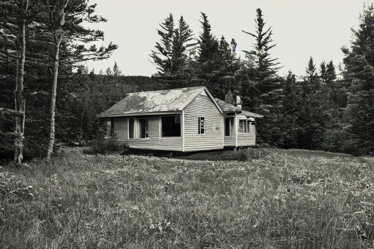 Image similar to a solitary 1 9 6 0 s bungalow style cottage [ heavily damaged with age ] on raven lake, near the outskirts of halifax, ns. hd photography, realistic, inspired by gregory crewdson.