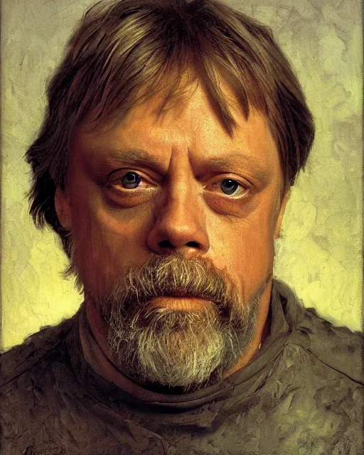 Prompt: painterly portrait, mark hamill, impasto, fantasy, chuck close:7, carl spitzweg:7, cinematic light, full face, symmetrical face