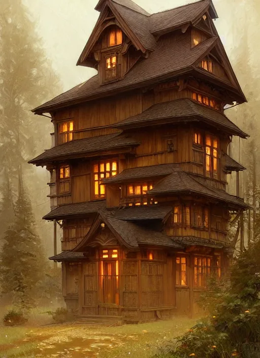 Prompt: wooden house in a wood musically gifted intricate, elegant, highly detailed, digital painting, artstation, concept art, smooth, sharp focus, illustration, art by artgerm and greg rutkowski and alphonse mucha