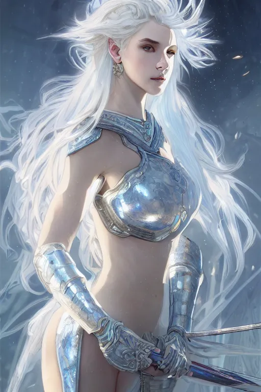 Image similar to portrait white hair knights of Zodiac girl, Sliver ice color reflected armor, in ruined Agora of Athens Sunrise, ssci-fi and fantasy, intricate and very very beautiful and elegant, highly detailed, digital painting, artstation, concept art, smooth and sharp focus, illustration, art by tian zi and WLOP and alphonse mucha