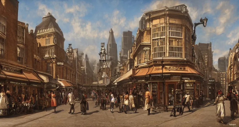Image similar to victorian london, street scene, street level, whitechapel, digital painting by earl norem, hyperdetailed, artstation, cgsociety, 8 k